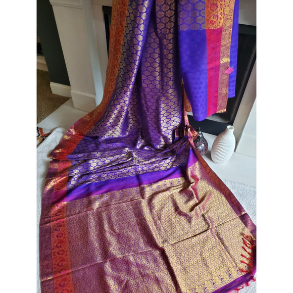 Women Pure Silk Royal Kanjivaram Saree Wedding Party Festive Handloom - Picture 2 of 16